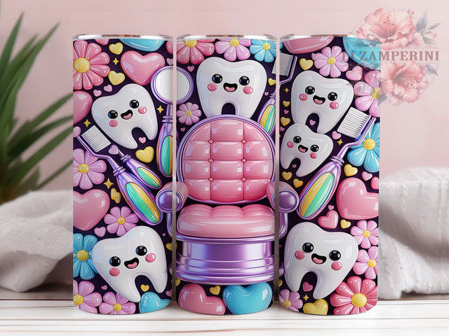 Kawaii Dental Rainbow 20oz Tumbler, Kawaii Style, Dental Motif, Rainbow Theme, Cute Pattern, Whimsical Charm, Skinny Tumbler, Sublimation PNG Sublimation Li Zamperini 