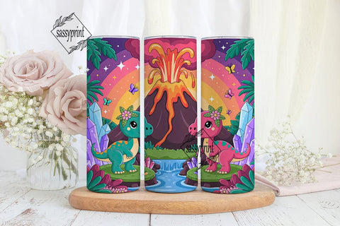 Kawaii Dino Volcano 20oz Tumbler Wrap Sublimation sassyprint 