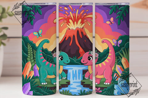 Kawaii Dino Volcano 20oz Tumbler Wrap Sublimation sassyprint 