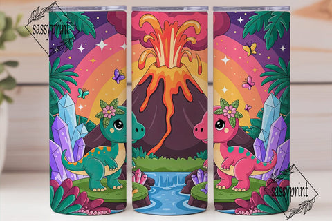 Kawaii Dino Volcano 20oz Tumbler Wrap Sublimation sassyprint 
