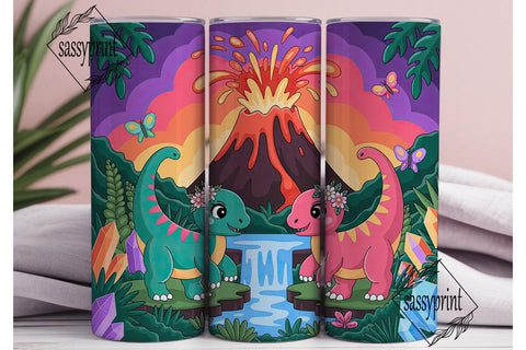 Kawaii Dino Volcano 20oz Tumbler Wrap Sublimation sassyprint 