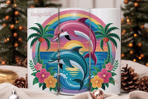 Kawaii Dolphin Sunset 20oz Tumbler Wrap Sublimation DesignSVG 