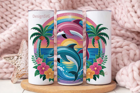 Kawaii Dolphin Sunset 20oz Tumbler Wrap Sublimation DesignSVG 