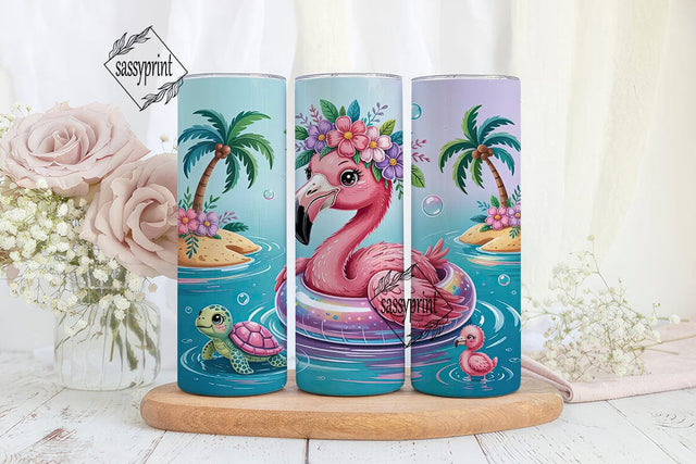Kawaii Flamingo Beach 20oz Tumbler Wrap Sublimation sassyprint 