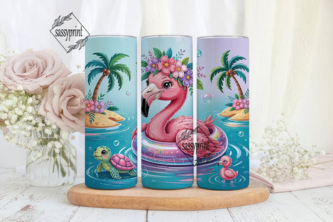 Kawaii Flamingo Beach 20oz Tumbler Wrap Sublimation sassyprint 
