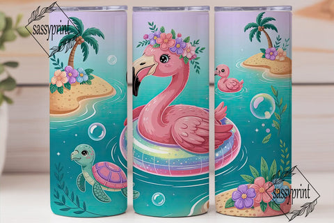 Kawaii Flamingo Beach 20oz Tumbler Wrap Sublimation sassyprint 