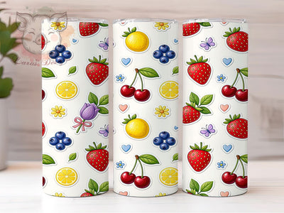 Kawaii Fruit Floral Pattern 20oz Tumbler, Kawaii Fruit Motif, Floral Pattern Design, Whimsical Theme, Vibrant Accent, Playful Charm, Sublimation Wrap, 20oz Tumbler Sublimation Lara' s Designs 