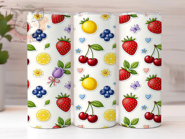 Kawaii Fruit Floral Pattern 20oz Tumbler, Kawaii Fruit Motif, Floral Pattern Design, Whimsical Theme, Vibrant Accent, Playful Charm, Sublimation Wrap, 20oz Tumbler Sublimation Lara' s Designs 