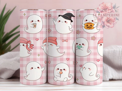 Kawaii Ghost Check 20oz Tumbler, Kawaii Style, Ghost Motif, Check Pattern, Cute Halloween, Playful Aesthetic, Skinny Tumbler, Sublimation PNG Sublimation Li Zamperini 