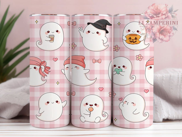 Kawaii Ghost Check 20oz Tumbler, Kawaii Style, Ghost Motif, Check Pattern, Cute Halloween, Playful Aesthetic, Skinny Tumbler, Sublimation PNG Sublimation Li Zamperini 