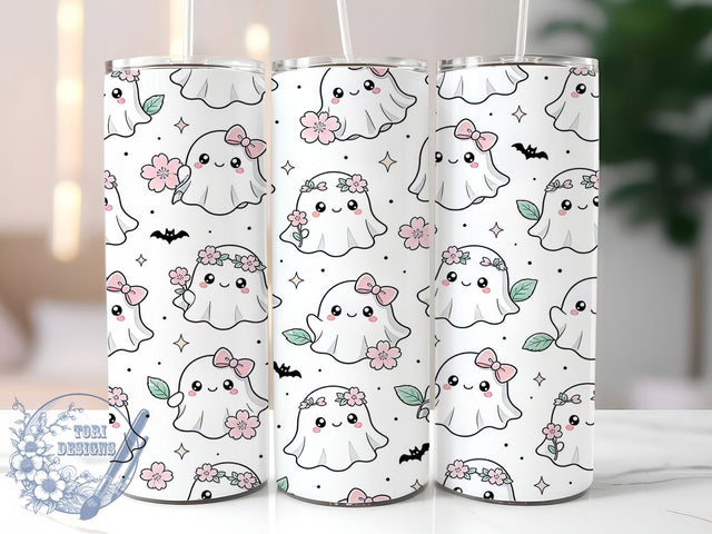 Kawaii Ghost Floral 20oz Tumbler, Kawaii Ghost, Floral Motif, Halloween Theme, Cute Spooky, Whimsical Charm, 20oz Wrap, Sublimation Tumbler Sublimation ToriDesigns 