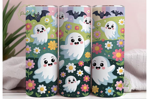 Kawaii Ghost Floral 20oz Tumbler Wrap Sublimation PixelChick 