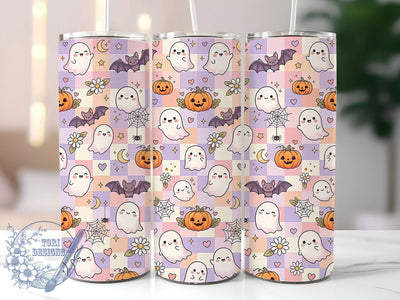 Kawaii Ghost Halloween Checkered 20oz Tumbler, Ghost Motif, Kawaii Art Design, Halloween Theme, Checkered Pattern, Cute Charm, Sublimation Wrap, 20oz Tumbler Sublimation ToriDesigns 