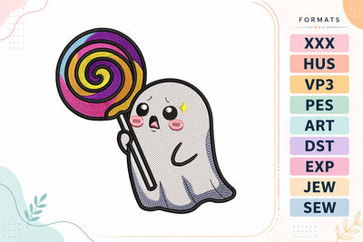 Kawaii Ghost Holding Rainbow Lollipop Embroidery Design Embroidery/Applique DESIGNS sg embroidery 