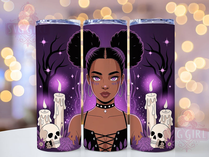 Kawaii Gothic Girl Halloween Tumbler, Afro Curly Hair Wrap, Halloween Cup Design, Purple Gothic Tumbler, Glow In The Dark Style, Spooky 20oz Drinkware, Cute Gothic Girl Sublimation SvggirlplusArt 
