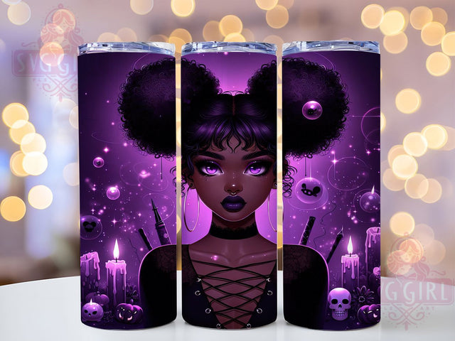 Kawaii Gothic Girl Halloween Tumbler, Afro Curly Hair Wrap, Halloween Cup Design, Purple Gothic Tumbler, Glow In The Dark Style, Spooky 20oz Drinkware, Cute Gothic Girl Sublimation SvggirlplusArt 