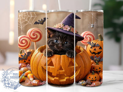 Kawaii Halloween Kitten 20oz Tumbler, Halloween Kitten, Kawaii Cat, Spooky Cute, Adorable Design, Whimsical Style, 20oz Wrap, Sublimation Tumbler Sublimation ToriDesigns 