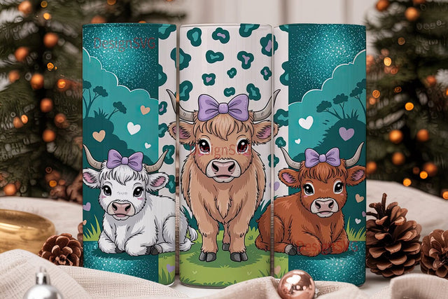 Kawaii Highland Cows 20oz Tumbler Wrap Sublimation DesignSVG 