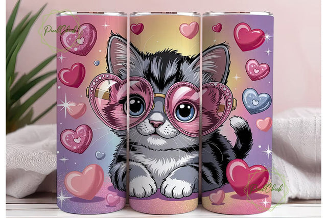 Kawaii Kitten with Hearts 20oz Tumbler Sublimation PixelChick 
