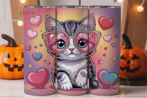 Kawaii Kitten with Hearts 20oz Tumbler Sublimation PixelChick 