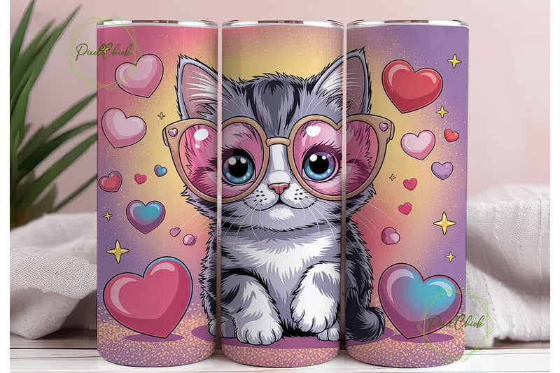 Kawaii Kitten with Hearts 20oz Tumbler Sublimation PixelChick 