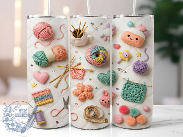 Kawaii Knitting Crochet Yarn 20oz Tumbler, Kawaii Design, Knitting Theme, Crochet Yarn, Sublimation Wrap, 20oz Tumbler, Whimsical Aesthetic, Craft Charm Sublimation ToriDesigns 