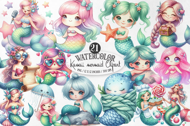 Kawaii Mermaid Clipart Bundle Sublimation SVGista 