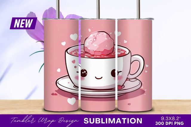 Kawaii pink drink illustration with hearts tumbler png Sublimation Regulrcrative 