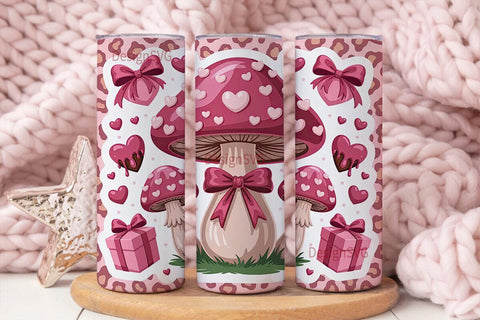Kawaii Pink Mushroom Valentine Tumbler Sublimation DesignSVG 