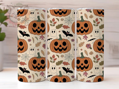 Kawaii Pumpkin Ghost Halloween Tumbler Wrap, Sublimation Design, Kawaii Halloween Wrap, Cute Pumpkin Tumbler, Ghost And Bat Design, Autumn Floral Wrap, 20Oz Tumbler Sublimation Lara' s Designs 
