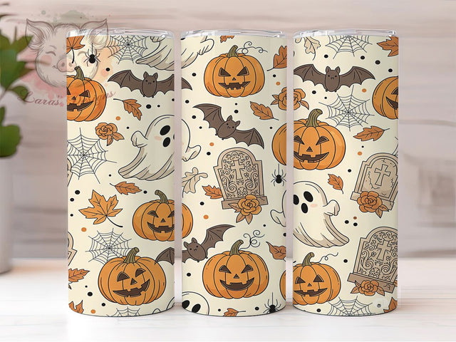 Kawaii Pumpkin Ghost Halloween Tumbler Wrap, Sublimation Design, Kawaii Halloween Wrap, Cute Pumpkin Tumbler, Ghost And Bat Design, Autumn Floral Wrap, 20Oz Tumbler Sublimation Lara' s Designs 