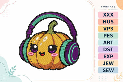 Kawaii Pumpkin with Headphones Halloween Embroidery Design Embroidery/Applique DESIGNS sg embroidery 