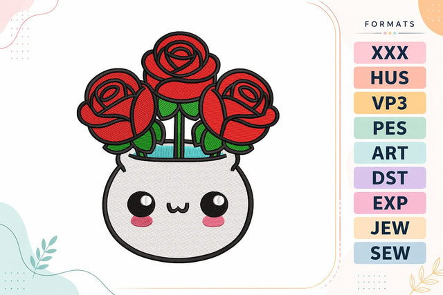 Kawaii Red Roses in Cute Face Pot Embroidery Design Embroidery/Applique DESIGNS sg embroidery 