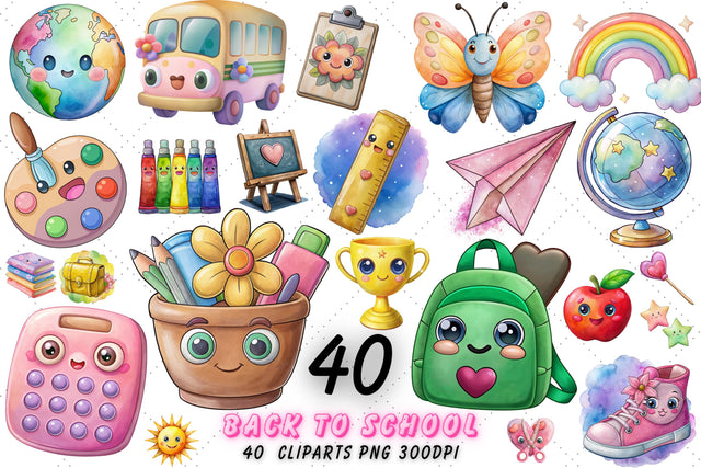 Kawaii School Watercolor Clipart, 100 Days Of School, Kawaii School, Kawaii School Design, Kawaii School Watercolor, Kawaii School Vector, Kawaii School Wall Art, Wall Art, Kawaii School Art, Kawaii School Watercolor Clipart, Kawaii School Bundle Sublimation FloridPrintables 