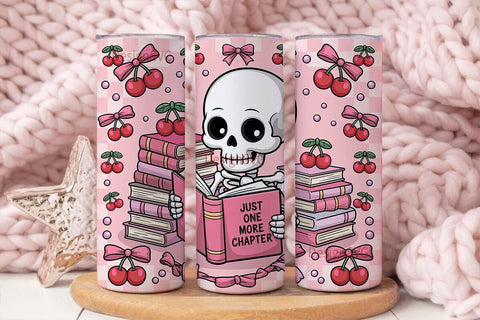 Kawaii Skeleton Book Lover 20oz Tumbler Sublimation DesignSVG 