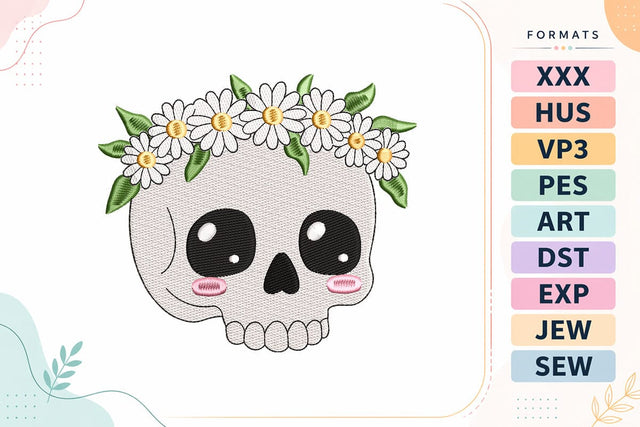Kawaii Skull with Daisy Crown Halloween Embroidery Design Embroidery/Applique DESIGNS sg embroidery 