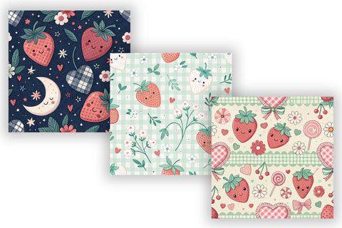 Kawaii Strawberry Gingham Digital Paper, Seamless Cute Fruit Pattern Pack, Printable Scrapbook Paper, Japanese Summer Design Bundle Digital Pattern FloridPrintables 