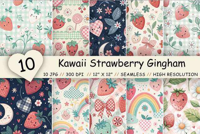 Kawaii Strawberry Gingham Digital Paper, Seamless Cute Fruit Pattern Pack, Printable Scrapbook Paper, Japanese Summer Design Bundle Digital Pattern FloridPrintables 