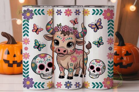 Kawaii Sugar Skull Bull Tumbler Wrap Sublimation PixelChick 