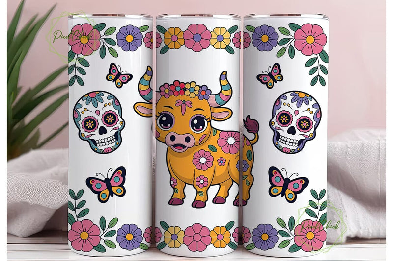 Kawaii Sugar Skull Bull Tumbler Wrap Sublimation PixelChick 