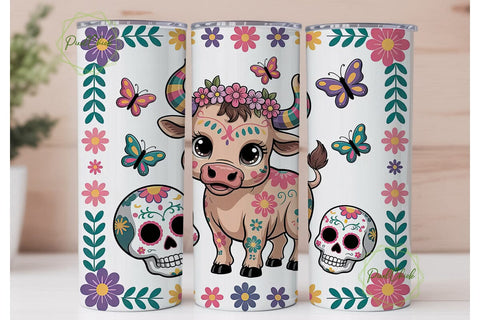 Kawaii Sugar Skull Bull Tumbler Wrap Sublimation PixelChick 