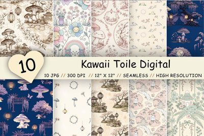 Kawaii Toile Digital Paper Pack, Seamless Cute Japanese Pattern Bundle, Printable Scrapbook Paper, Whimsical Floral Design Bundle Digital Pattern FloridPrintables 