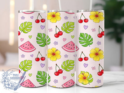 Kawaii Tropical Fruit 20oz Tumbler, Kawaii Fruit Motif, Tropical Design Style, Cute Theme, Playful Accent, Whimsical Charm, Sublimation Wrap, 20oz Tumbler Sublimation ToriDesigns 