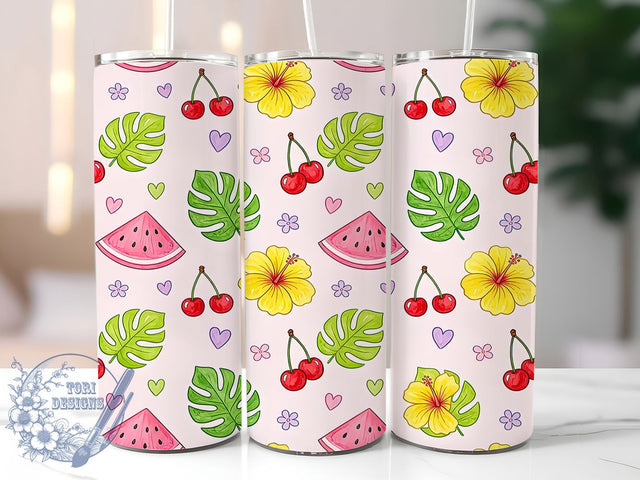 Kawaii Tropical Fruit 20oz Tumbler, Kawaii Fruit Motif, Tropical Design Style, Cute Theme, Playful Accent, Whimsical Charm, Sublimation Wrap, 20oz Tumbler Sublimation ToriDesigns 