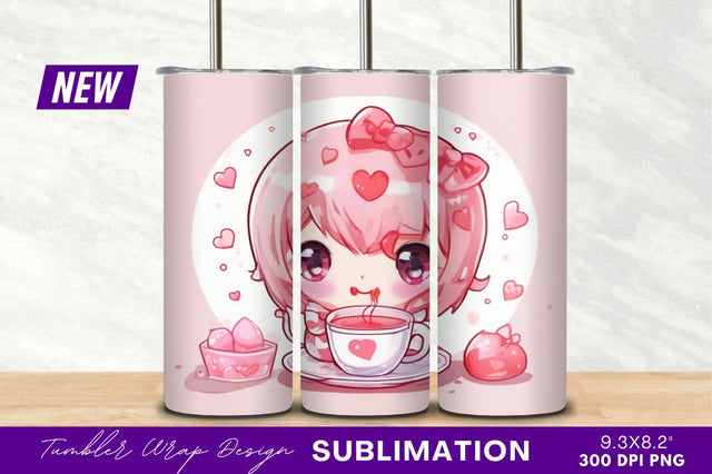 Kawaii valentine girl with tea tumbler png Sublimation Regulrcrative 