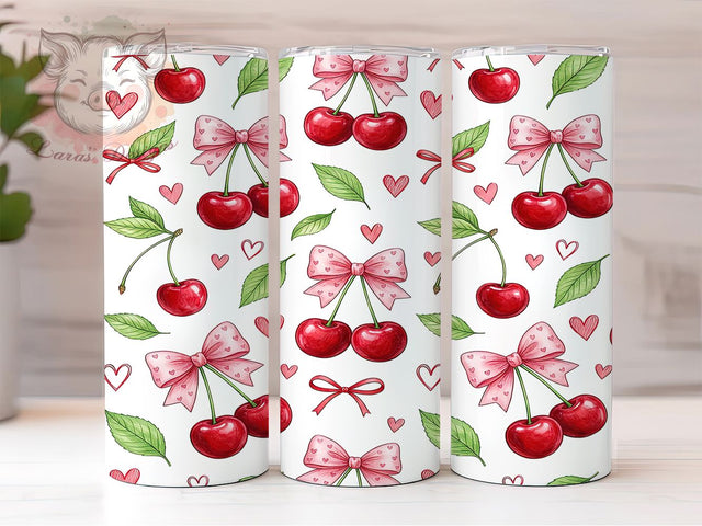 Kawaii Vintage Cherry Bows 20oz Tumbler, Kawaii Cherry Motif, Vintage Bow Design, Cute Theme, Playful Accent, Whimsical Charm, Sublimation Wrap, 20oz Tumbler Sublimation Lara' s Designs 