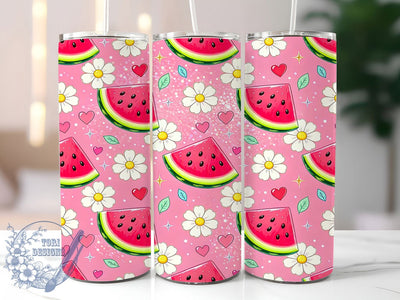 Kawaii Watermelon Daisy 20oz Tumbler, Kawaii Watermelon Motif, Daisy Floral Design, Cute Theme, Playful Accent, Whimsical Charm, Sublimation Wrap, 20oz Tumbler Sublimation ToriDesigns 