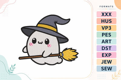 Kawaii Witch Ghost on Broom Halloween Embroidery Design Embroidery/Applique DESIGNS sg embroidery 