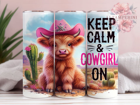 Keep Calm & Cowgirl On 20oz Tumbler Wrap PNG, Highland Cow Western Tumbler PNG Sublimation Design, Straight & Tapered Tumbler Wrap, Instant Digital Download Sublimation Li Zamperini 