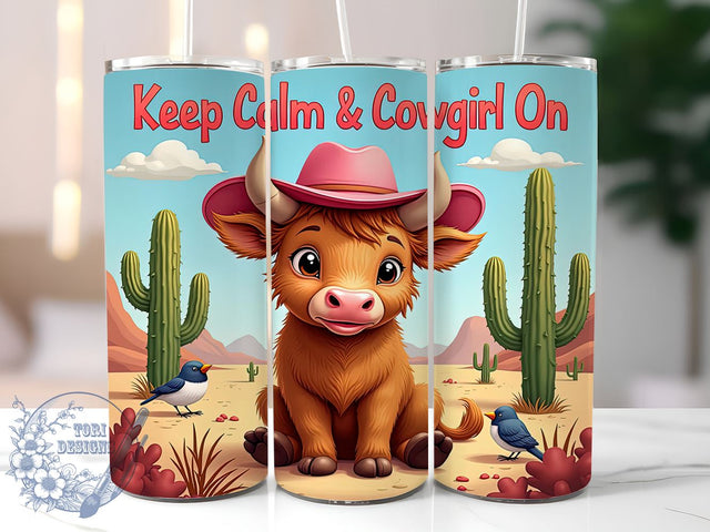 Keep Calm & Cowgirl On Highland Cow Western 20oz Skinny Tumbler PNG, Highland Cow Tumbler Wrap, Sublimation Design, Straight & Tapered Tumbler Wrap, Instant Digital Download Sublimation ToriDesigns 